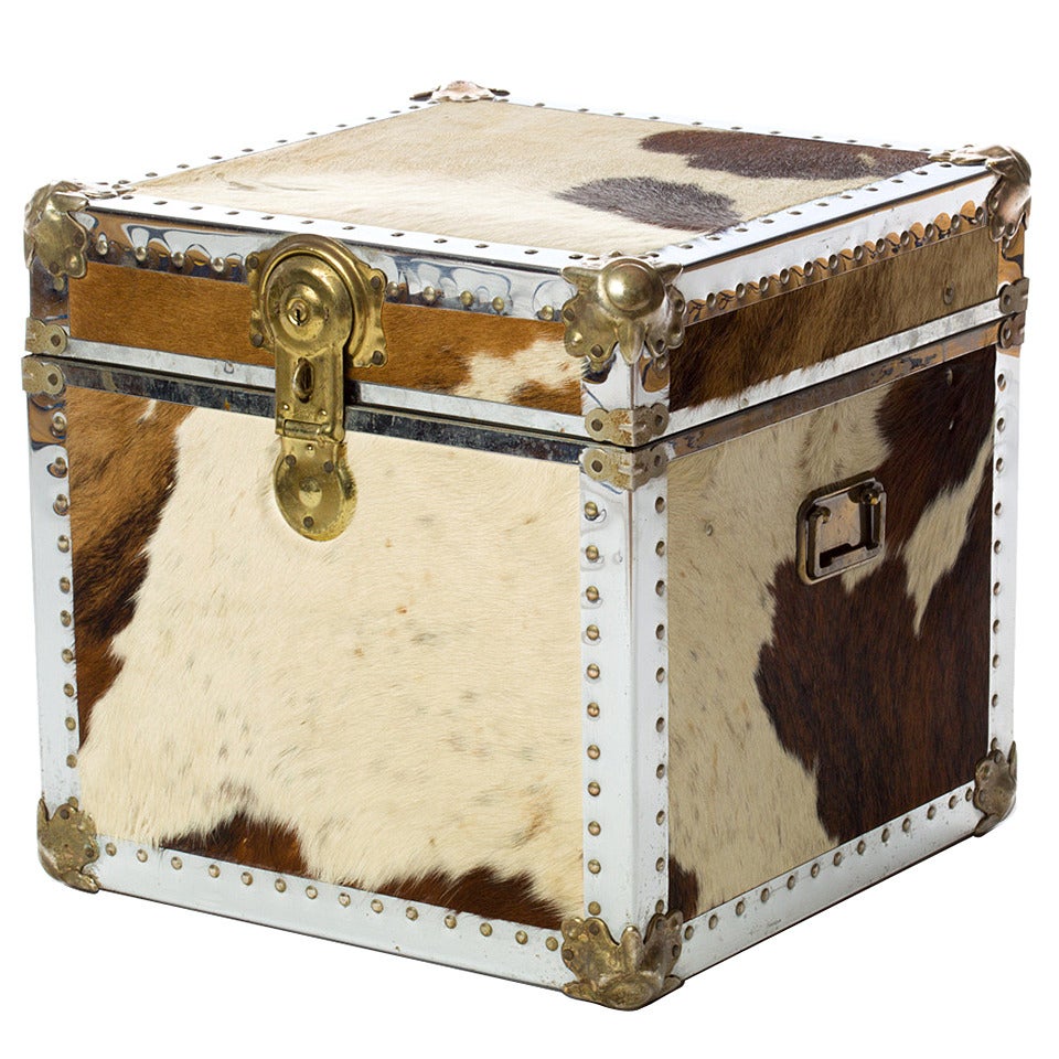 1970s Cowhide Brass and Chrome Trunk or Cube Table
