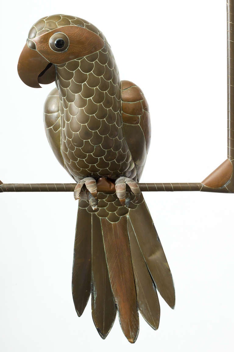 Whimsical Sergio Bustamante brass and copper parrot hanging sculpture, Mexico, 1980.