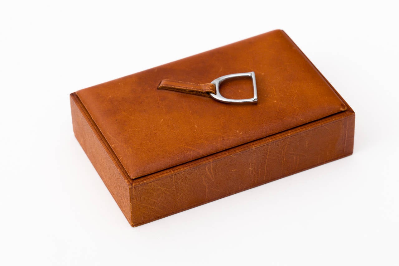 1940's  Leather Desk Box with Nickel Stirrup Handle Attributed to Hermes