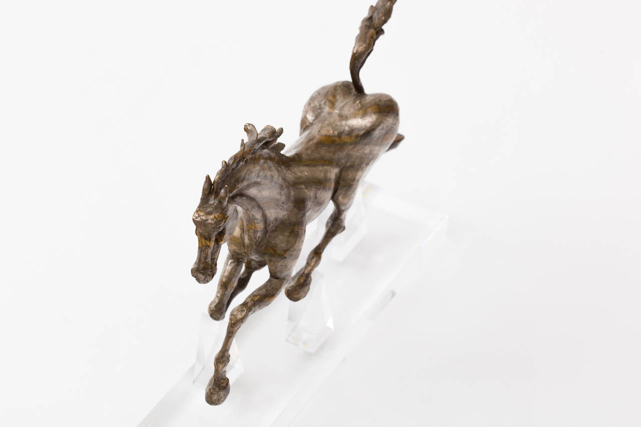 Mid-Century Modern Huenergardt Galloping Horse Bronze Sculpture on Lucite Base For Sale