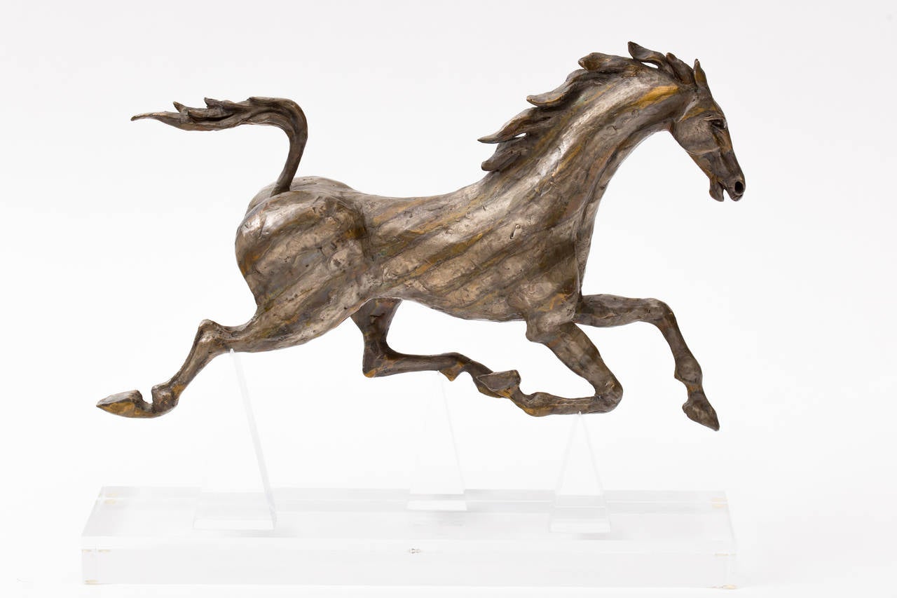 Silvered Huenergardt Galloping Horse Bronze Sculpture on Lucite Base For Sale