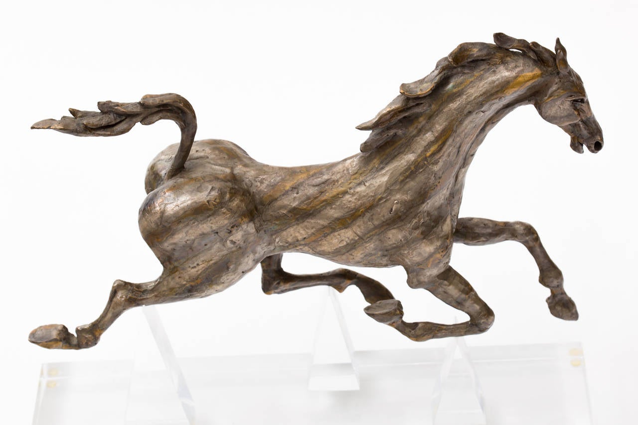 Huenergardt Galloping Horse Bronze Sculpture on Lucite Base In Excellent Condition For Sale In New York, NY