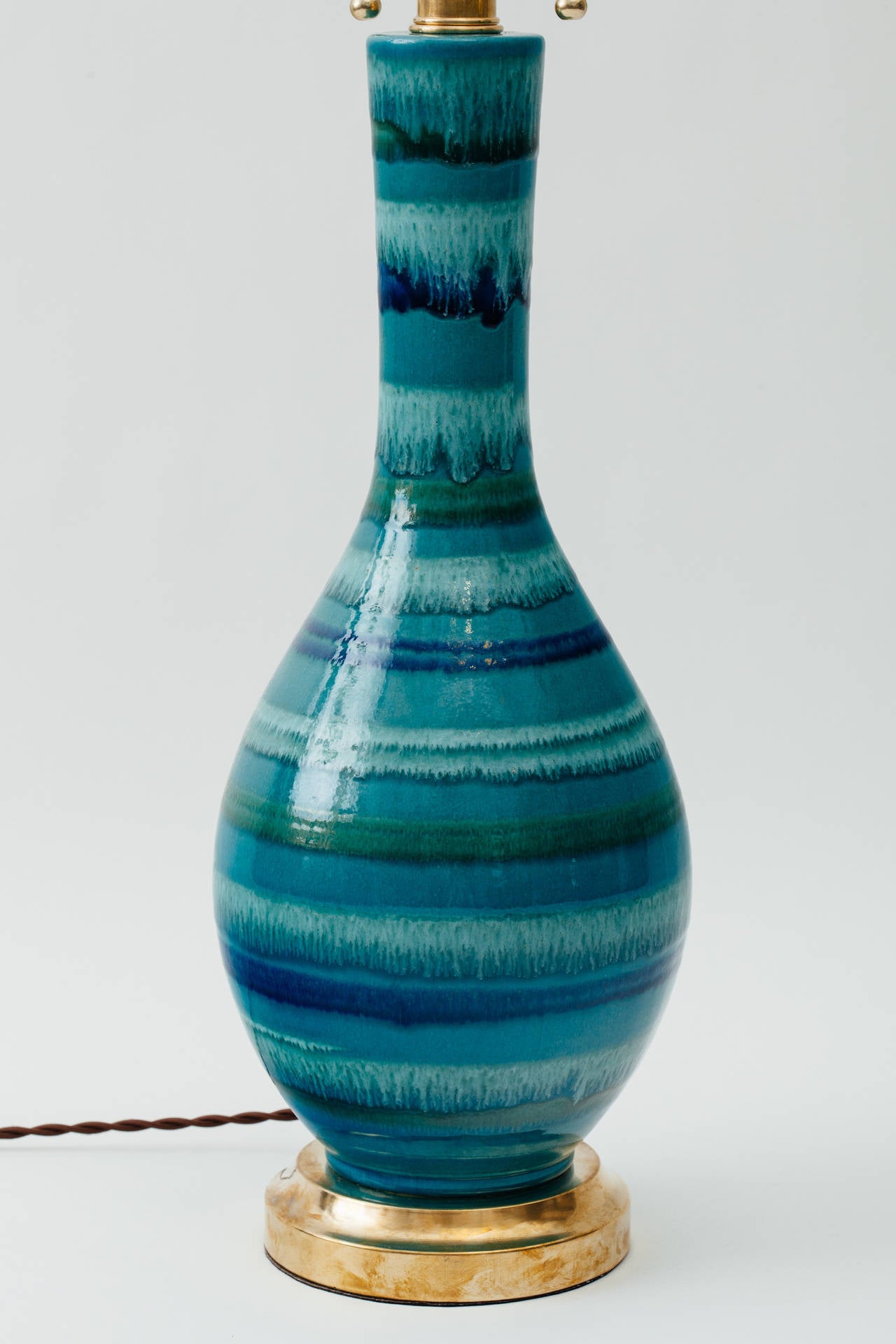 Mid-Century Modern Italian Turquoise & Indigo Striped Glaze Ceramic Lamp For Sale