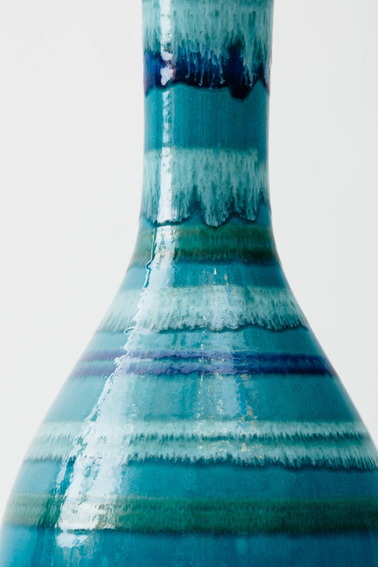 Italian Turquoise & Indigo Striped Glaze Ceramic Lamp In Excellent Condition For Sale In New York, NY