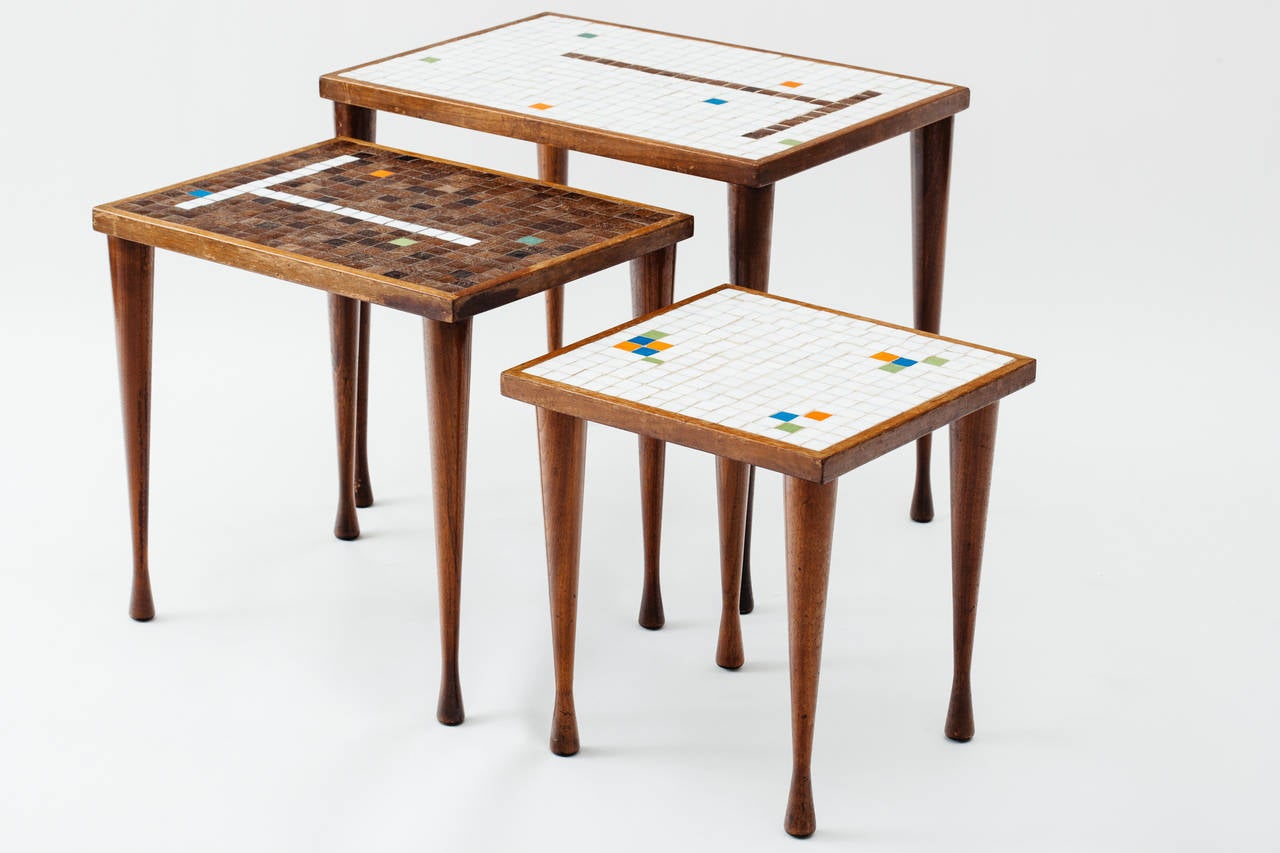 Italian Walnut and Glass Mosaic Tile Top Nesting Tables In Excellent Condition In New York, NY