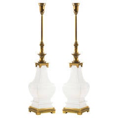 Hollywood Regency White Craquelure Ceramic and Brass Lamps 5