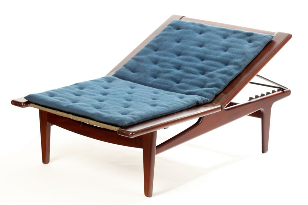 Very rare Hans Wegner lounge chair and ottoman are crafted of exotic Padouk wood. Chair adjusts to several positions, including flat to be used as daybed.<br />
Signed with branded signature Getama Gedsted, Denmark Design, Hans Wegner