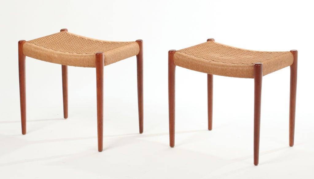 N.O. Moller pair of teak and hand woven paper cord ottomans c. 1970's Denmark.