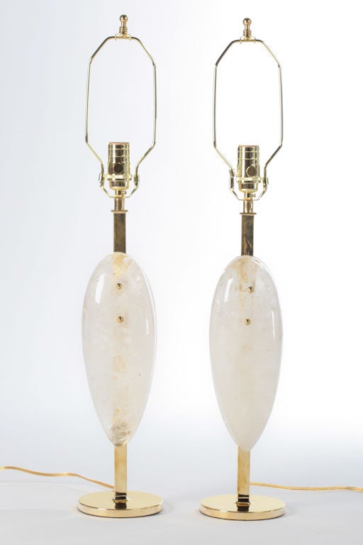 Solid hand-carved rock crystal teardrop shape lamps on brass lamp posts attach with brass fittings.