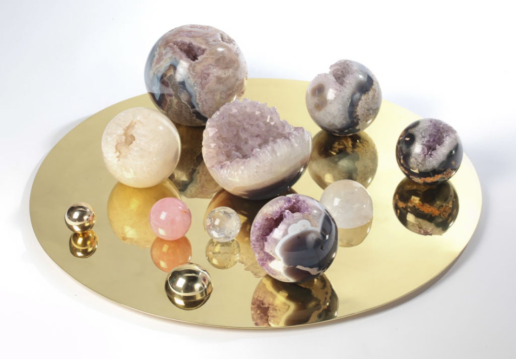 Galactic semi precious orb sculpture on circular solid brass base. These solid amythest, rose quartz and an array of quartz crystal spheres can be moved around on brass base, to one's own delight! A beautiful and healing contemporary sculpture.