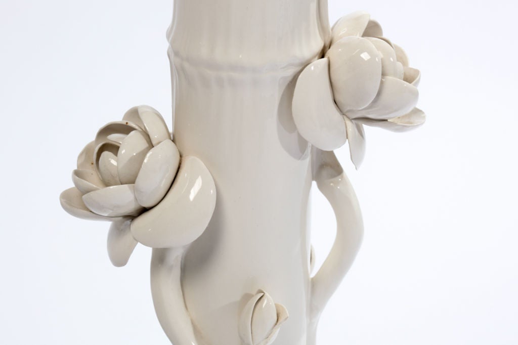 Mid-Century Modern 1960s Italian Ceramic Lotus Flower Faux Bamboo Floor Lamp For Sale