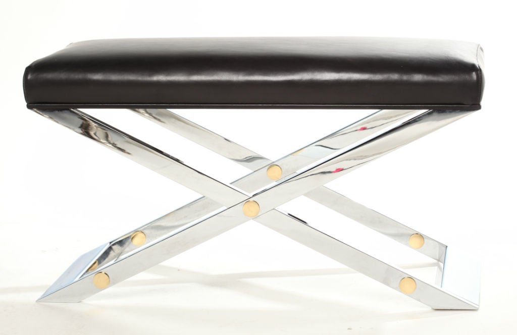 Original circa 1970s Karl Springer polished stainless steel X-frame bench, with brass details and new black kid glove leather upholstery.