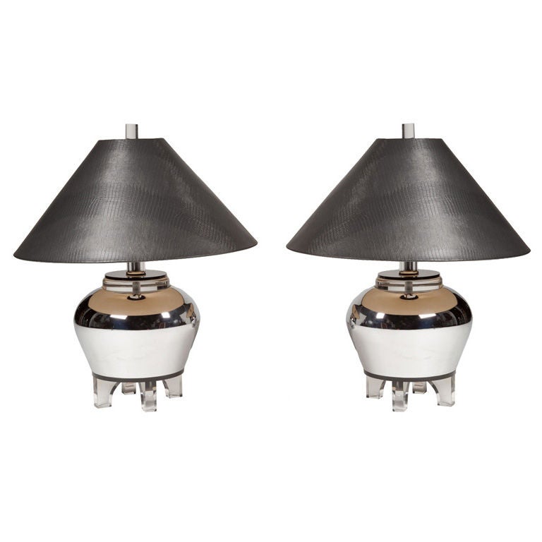 Chrome and Lucite Urn Lamps after Karl Springer For Sale