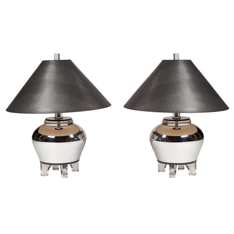 Chrome and Lucite Urn Lamps after Karl Springer