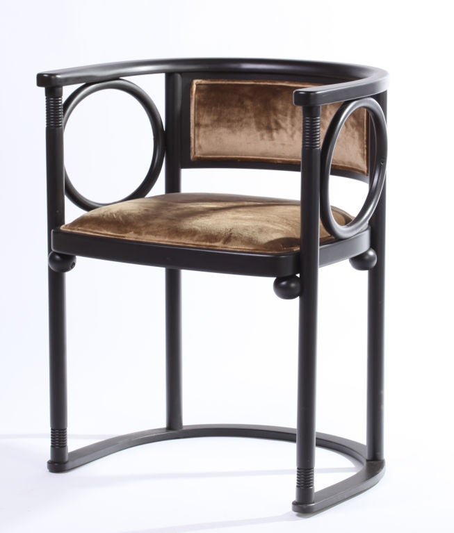 Pair of ebonized bentwood Josef Hoffann Fledermaus chairs. Designed in 1907, authorised re-issue by Wittmann, Austria c. 1980. Upholstered in taupe silk velvet.