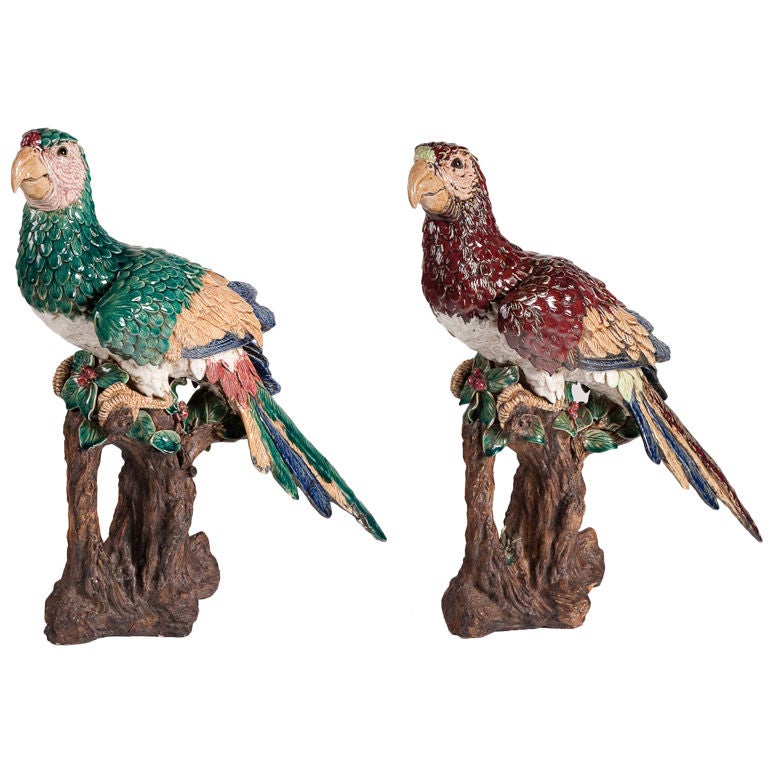 Very rare pair of large Chinese ceramic parrots For Sale