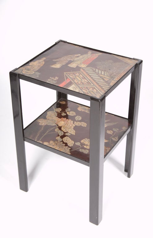 The ebonized tables circa 1920-30, incorporating rectangular tops and lower shelves from a Chinese coromandel screen, circa 1750.