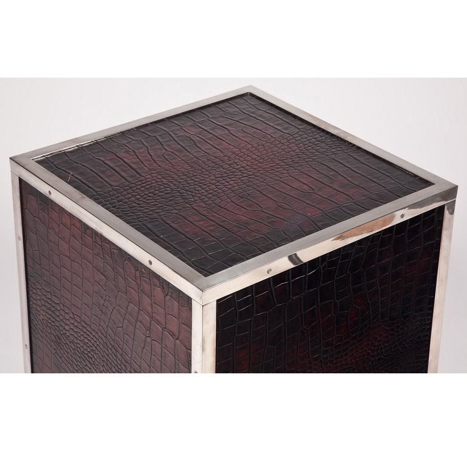 Leather cube side table, 20th century. With faux-alligator embossed surfaces within polished chrome borders.
