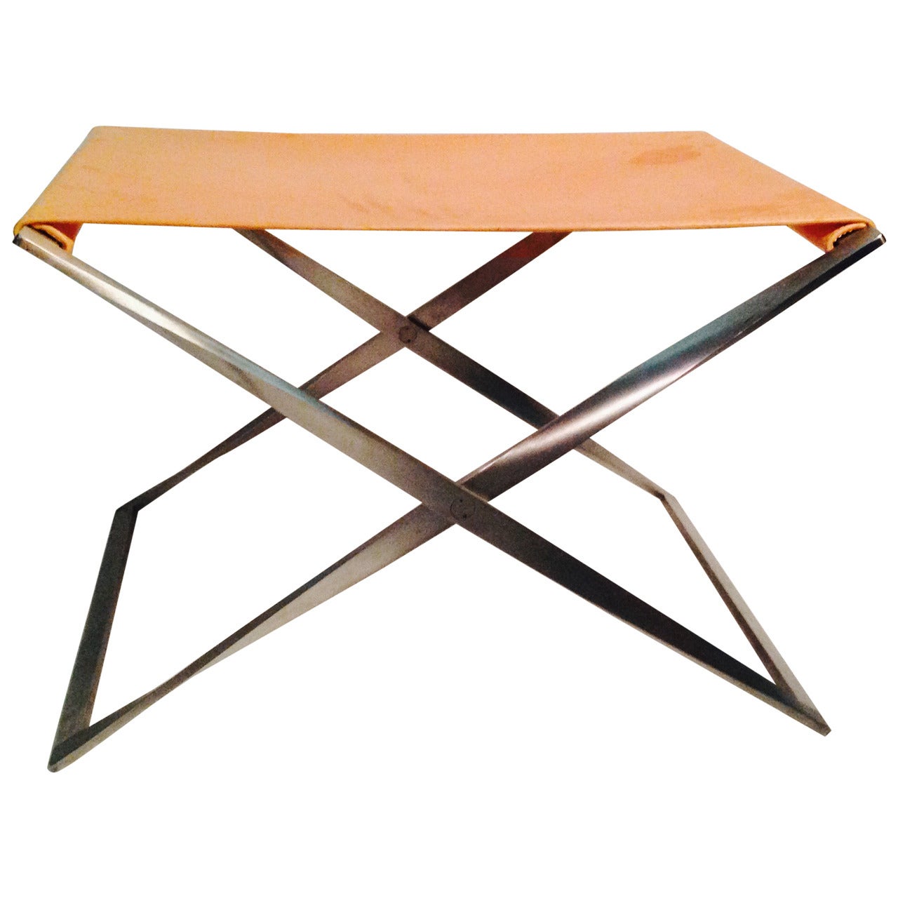 Poul Kjærholm Stool Model No. PK 91, Folding Steel and Leather, Danish For Sale
