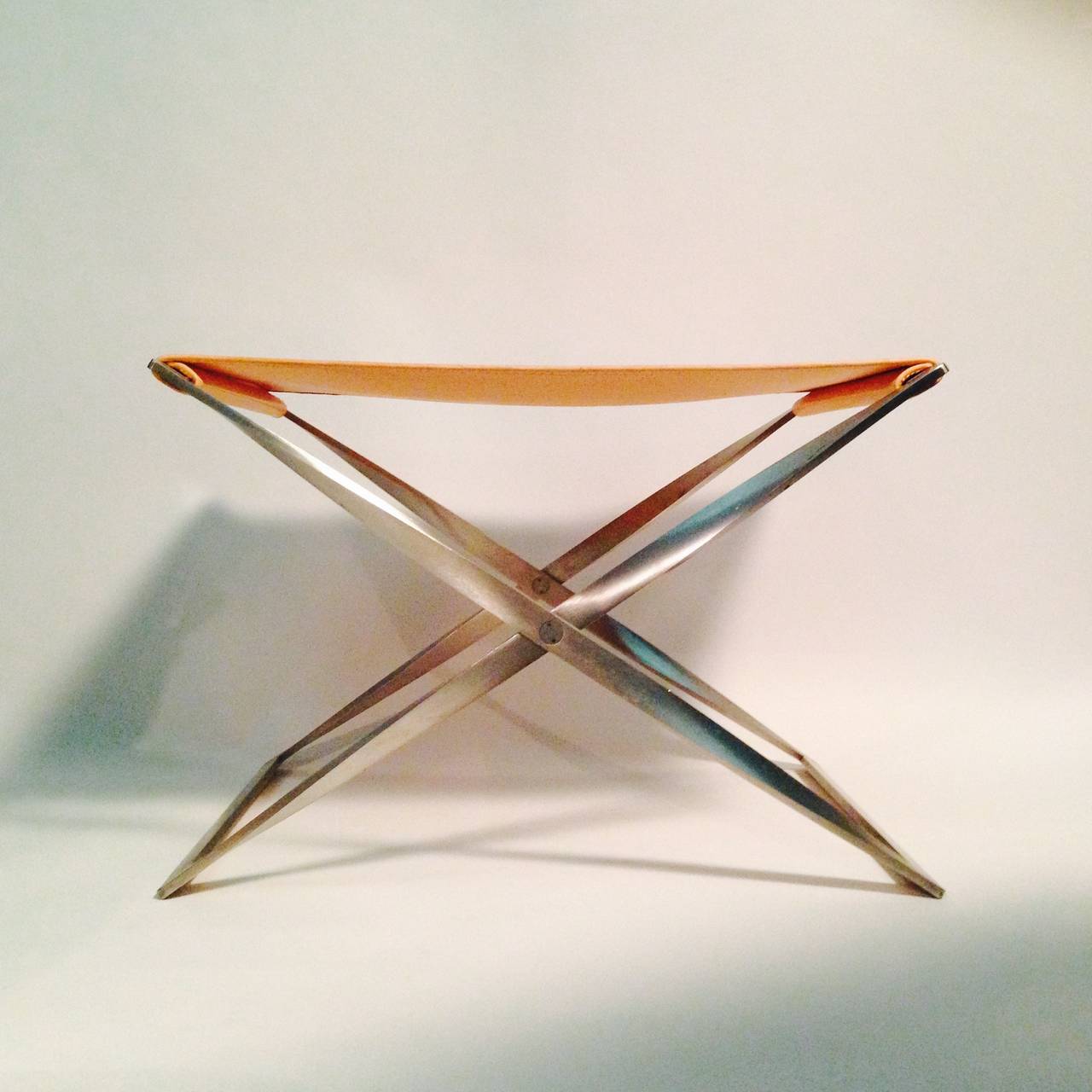 Scandinavian Modern Poul Kjærholm Stool Model No. PK 91, Folding Steel and Leather, Danish For Sale