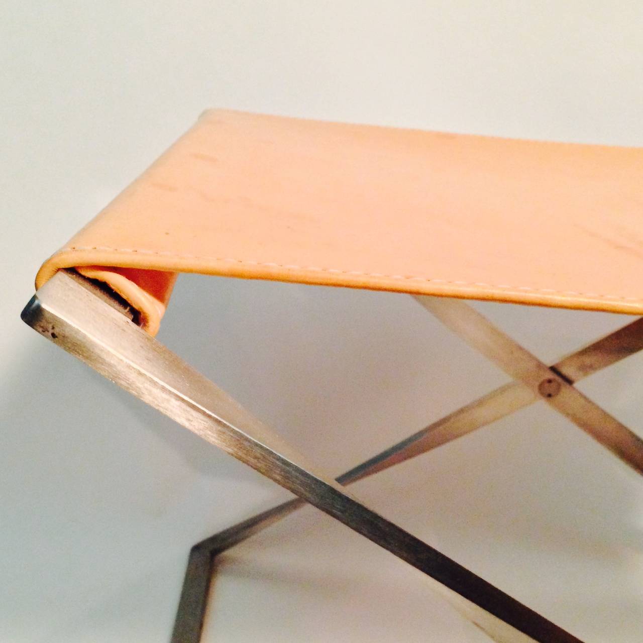 Poul Kjærholm Stool Model No. PK 91, Folding Steel and Leather, Danish In Good Condition For Sale In Southampton, NY