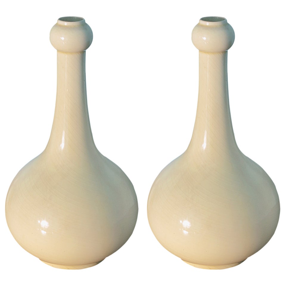 Pair of Cream High-glaze Burmantofts Vases, English, c 1880 For Sale