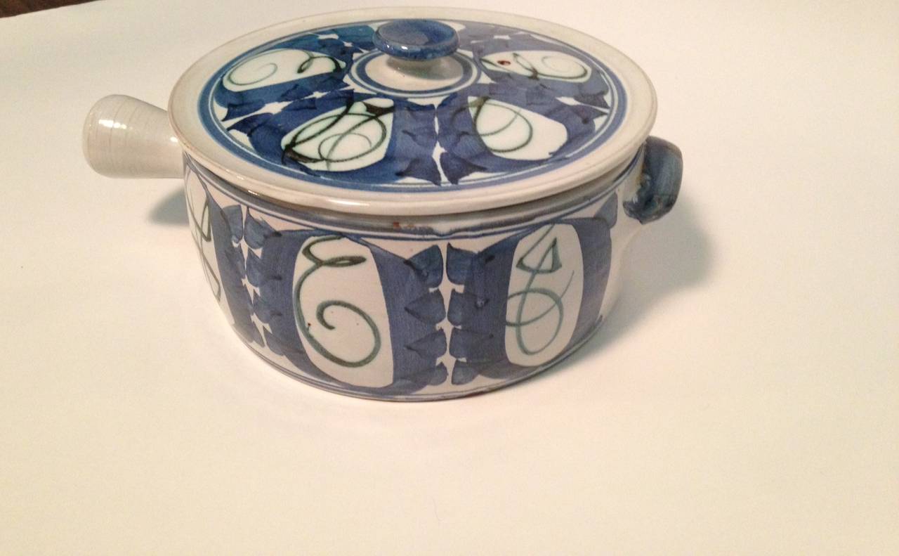 Tin-glazed earthenware lidded casserole with blue and green foliated ornament on white ground. Attributed to Aldermaston Pottery, Berkshire, England, circa 1970. See FT Weekend article 2.21/22 2015.