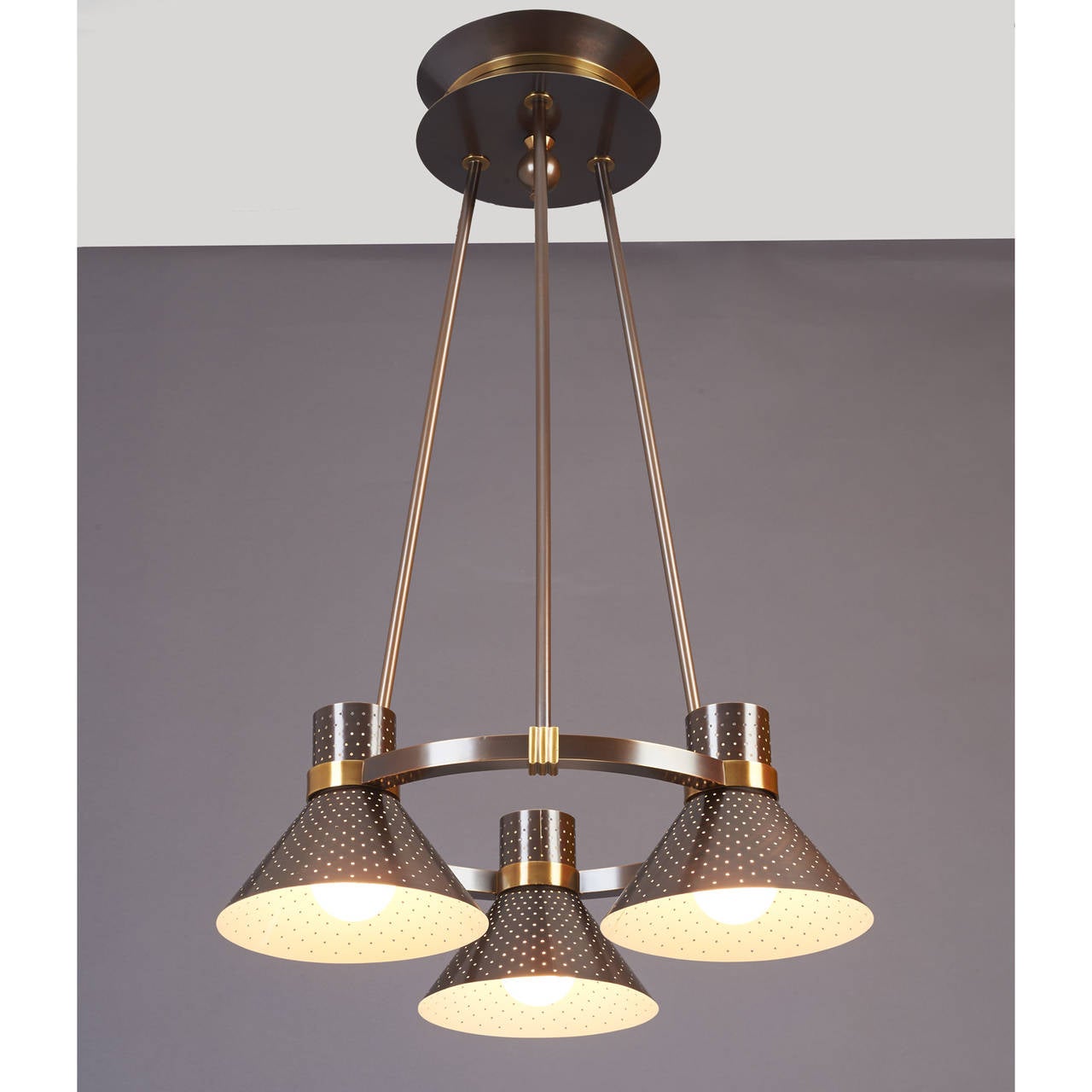 Mid-20th Century Modernist Bronze Chandelier with Perforated Shades, France, 1950s For Sale