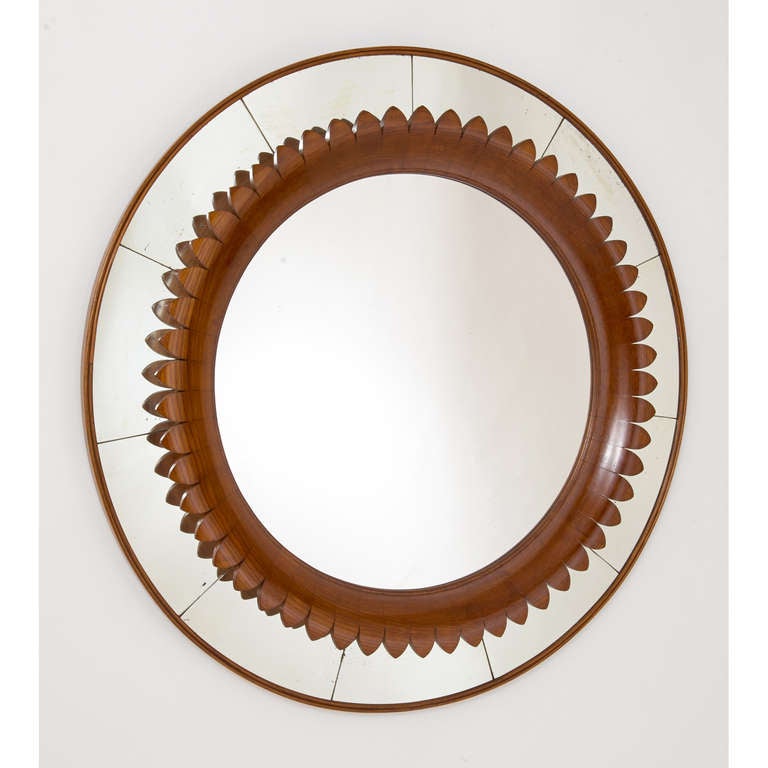 Italy 1950's Oak Mirror with Sunburst Decor