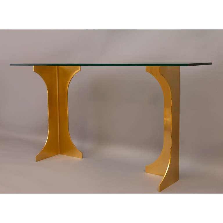 Glass 1970s Bronzed Pedestal Console Table