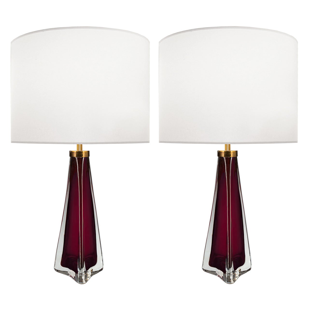 Pair of Carl Fagerlund for Orrefors Raspberry and Clear Glass Lamps For Sale