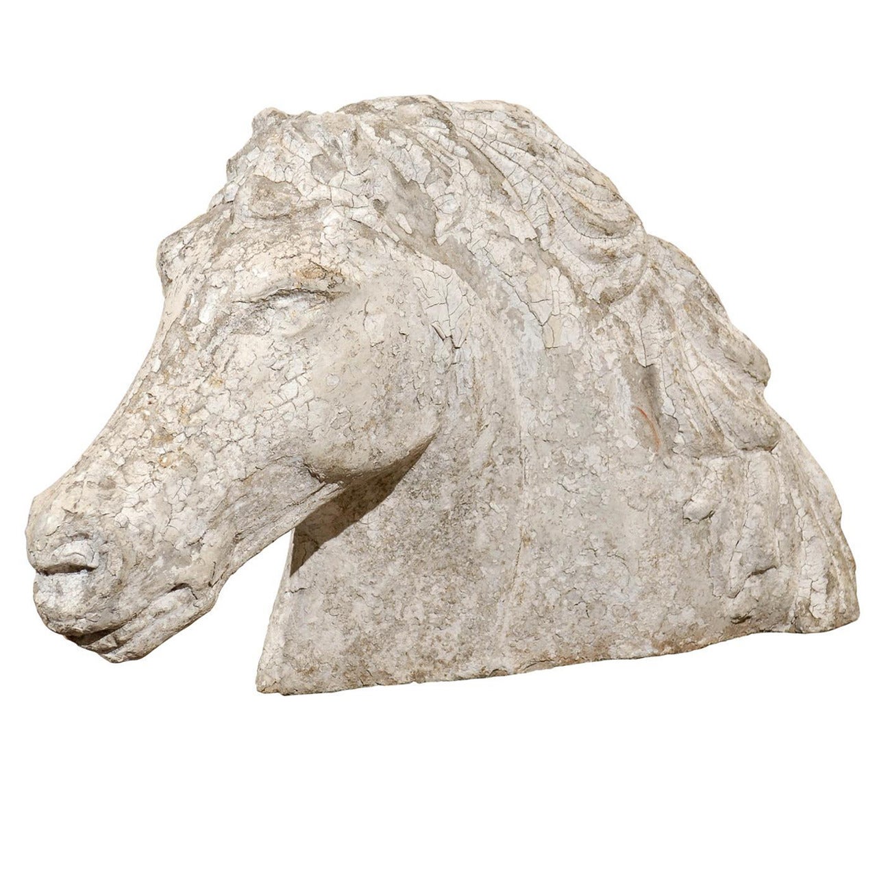 French Stone Horse Head Sculpture with Weathered Patina from the 1930s