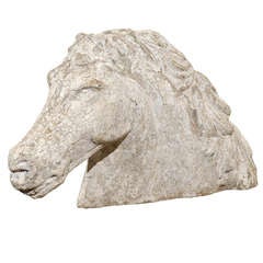 French Stone Horse Head Sculpture with Weathered Patina from the 1930s