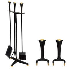 Fireplace Set in Brass and Wrought Iron by Donald Deskey