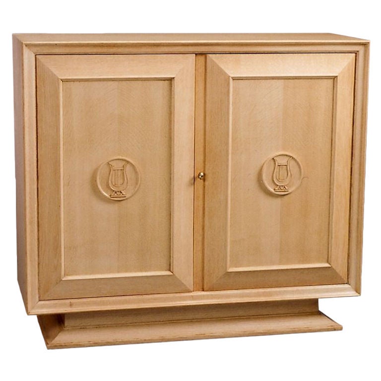 Narrow Bleached Oak Cabinet with Sculpted Lyre Medallions, France, 1950s For Sale