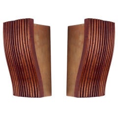 Pair of 1950s Diminutive Uplight Sconces in Reeded Mahogany 3