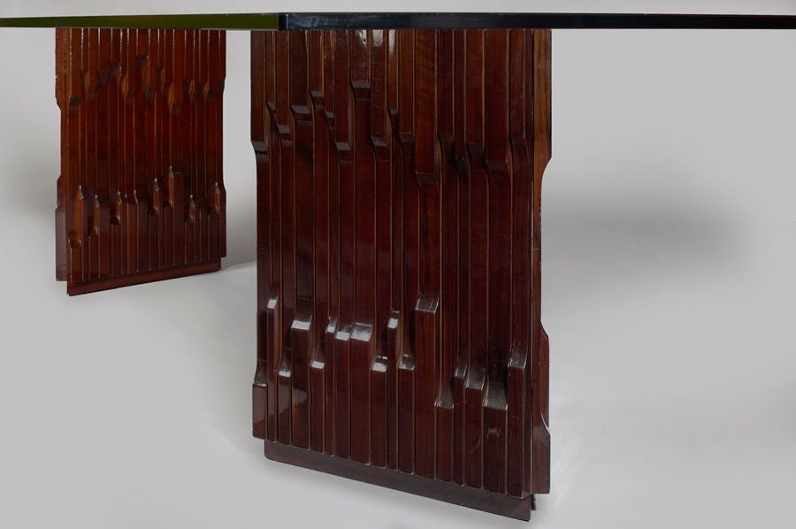 Italian Long Carved Mahogany Dining Table by Luciano Frigerio, 1970s For Sale