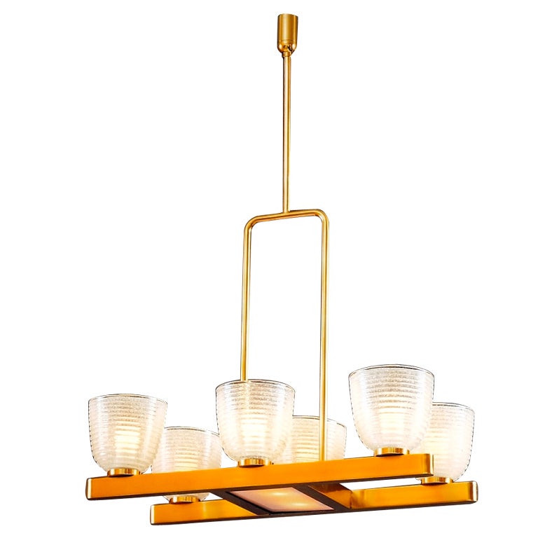 Six Branch Murano Chandelier with Pulegoso Glass Shades, Italy, 1950s For Sale