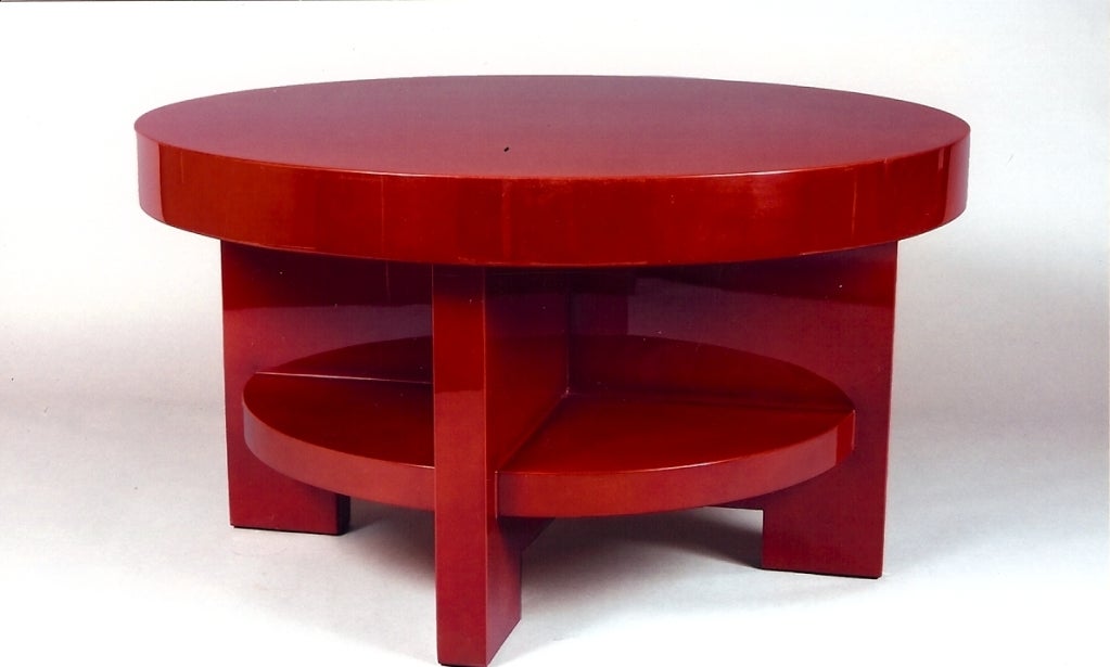 France, 1930s.
Constructivist two-tiered table.
Lacquer over wood.
Dimensions: 39 diameter x 22 H.