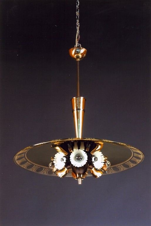 Mid-Century Modern Fontana Arte  Chandelier with Gold Gilt Mirrored Shade, Italy 1940s