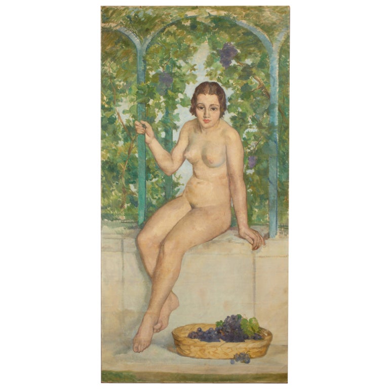 Tall Pedro Pruna Nude Oil on Canvas Painting, 1920s