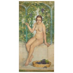 Antique Tall Pedro Pruna Nude Oil on Canvas Painting, 1920s