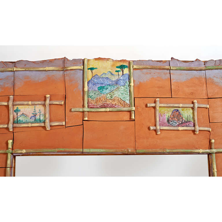 Alain Girel (1945-2001) für Hermes.
Einzigartig  prächtiger und massiver Spiegel aus glasierten und unglasierten Keramikfliesen in Terrakotta-Orangetönen von Alain Girel. Eines von vier Exemplaren, die das Pariser Modehaus Hermes zur Präsentation