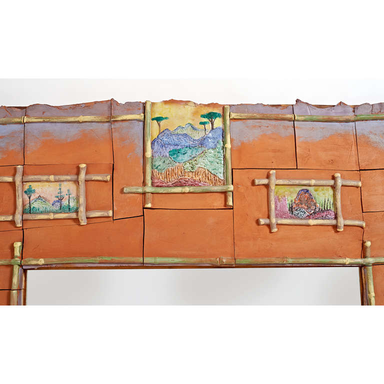 Alain Girel (1945-2001) pour Hermes.
Un cas unique  magnifique et massif miroir en céramique émaillée et non émaillée dans les tons orange terra cotta d'Alain Girel. L'un des quatre exemplaires commandés par Hermès, la maison de couture parisienne,
