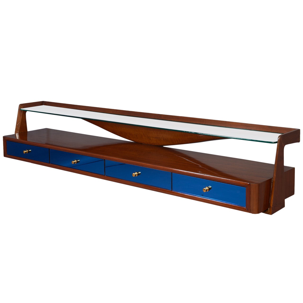 Exquisite Wall-Mounted Walnut Console with Blue Mirrored Glass, Italy 1950s