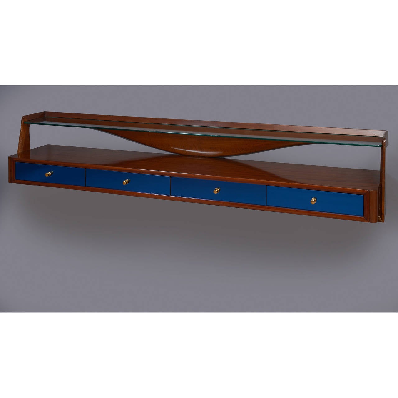 Mid-Century Modern Exquisite Wall-Mounted Walnut Console with Blue Mirrored Glass, Italy 1950s