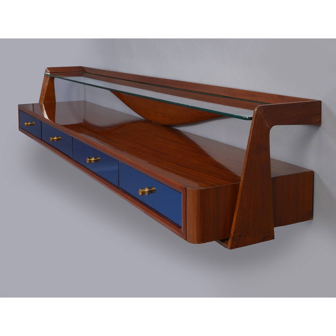 Italian Exquisite Wall-Mounted Walnut Console with Blue Mirrored Glass, Italy 1950s