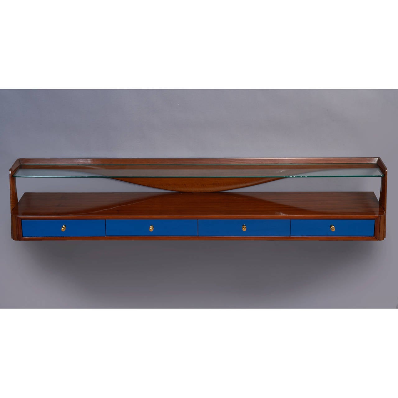 Polished Exquisite Wall-Mounted Walnut Console with Blue Mirrored Glass, Italy 1950s