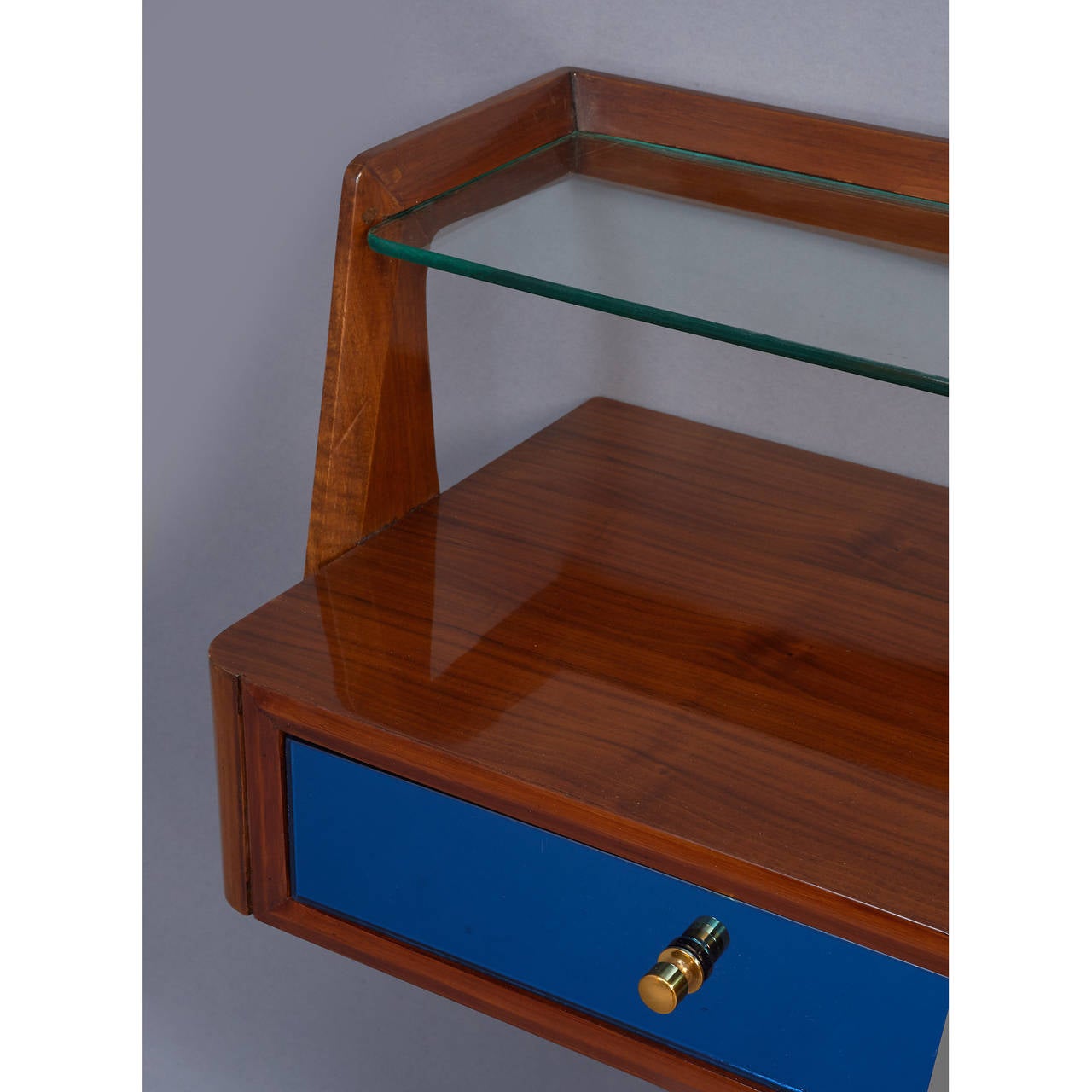 Exquisite Wall-Mounted Walnut Console with Blue Mirrored Glass, Italy 1950s In Good Condition In New York, NY