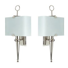 Pair Of French Glass Shaded Nickeled Sconces